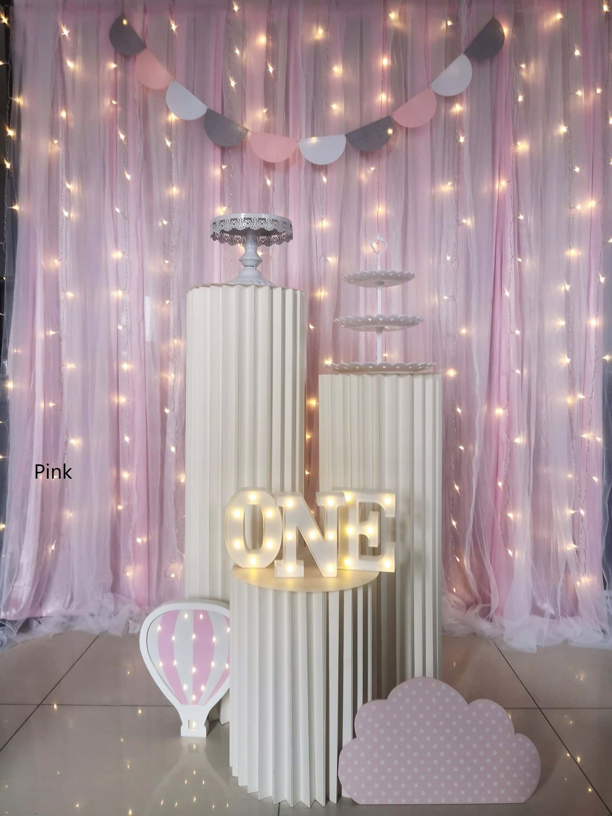 Colour backdrop with stand, LED fairy lights, with flower vines